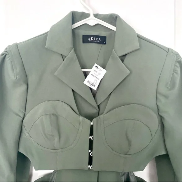 Brand New AKIRA Corset Blazer Side Cutouts Bustier Front Sage Green Avant-Garde - Picture 4 of 9